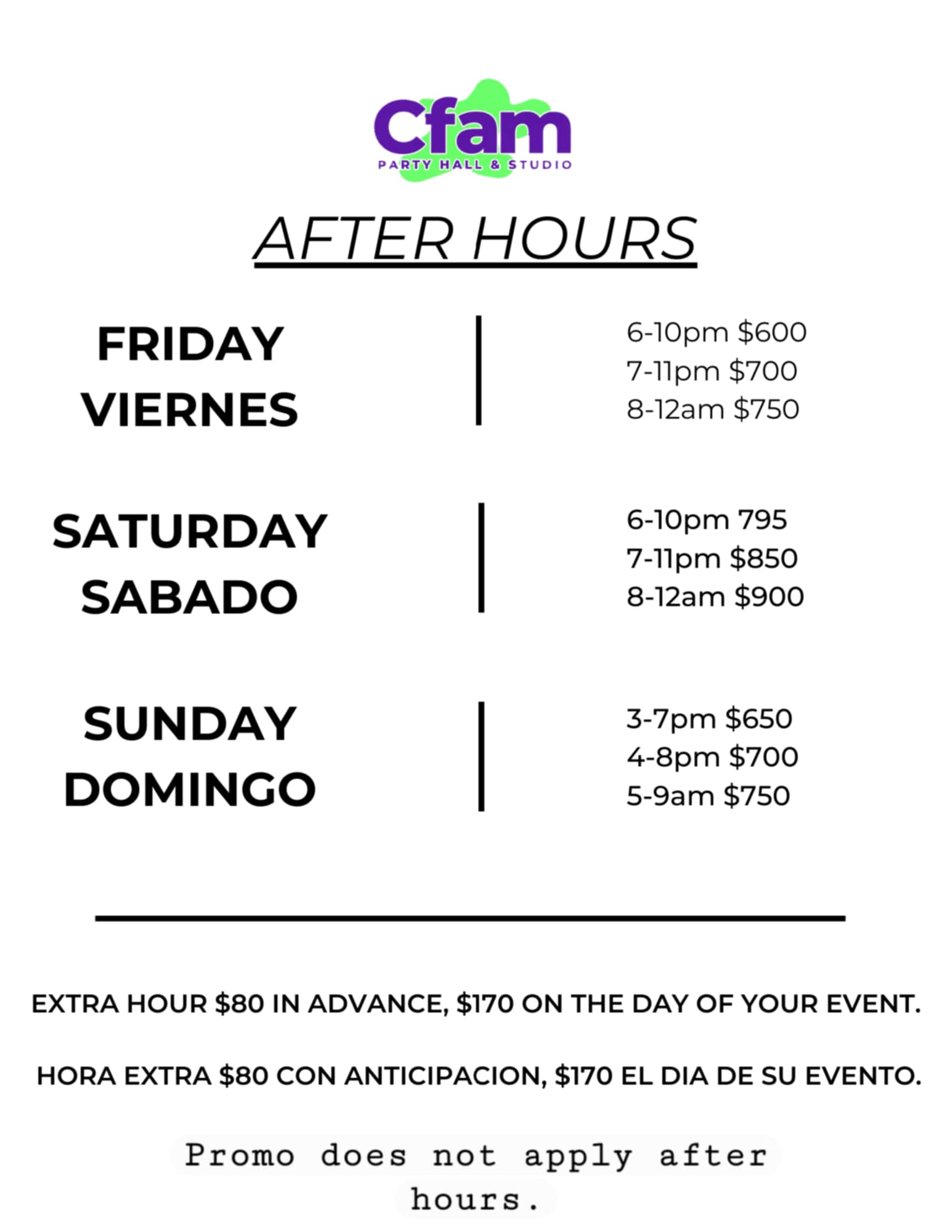 CFam Party Hall Prices