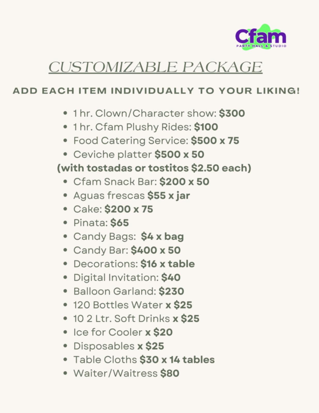 CFam Party Hall Prices