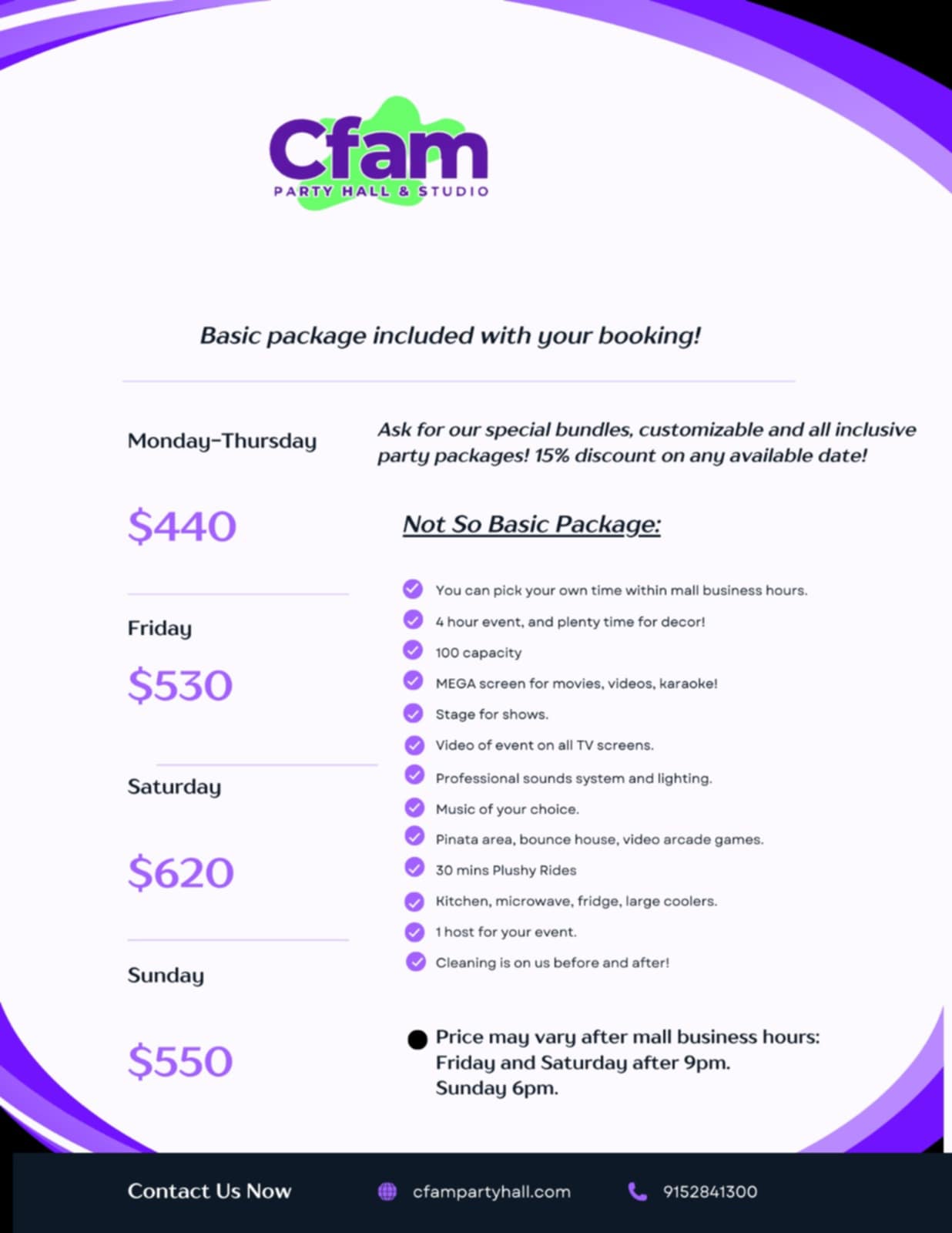 CFam Party Hall Prices