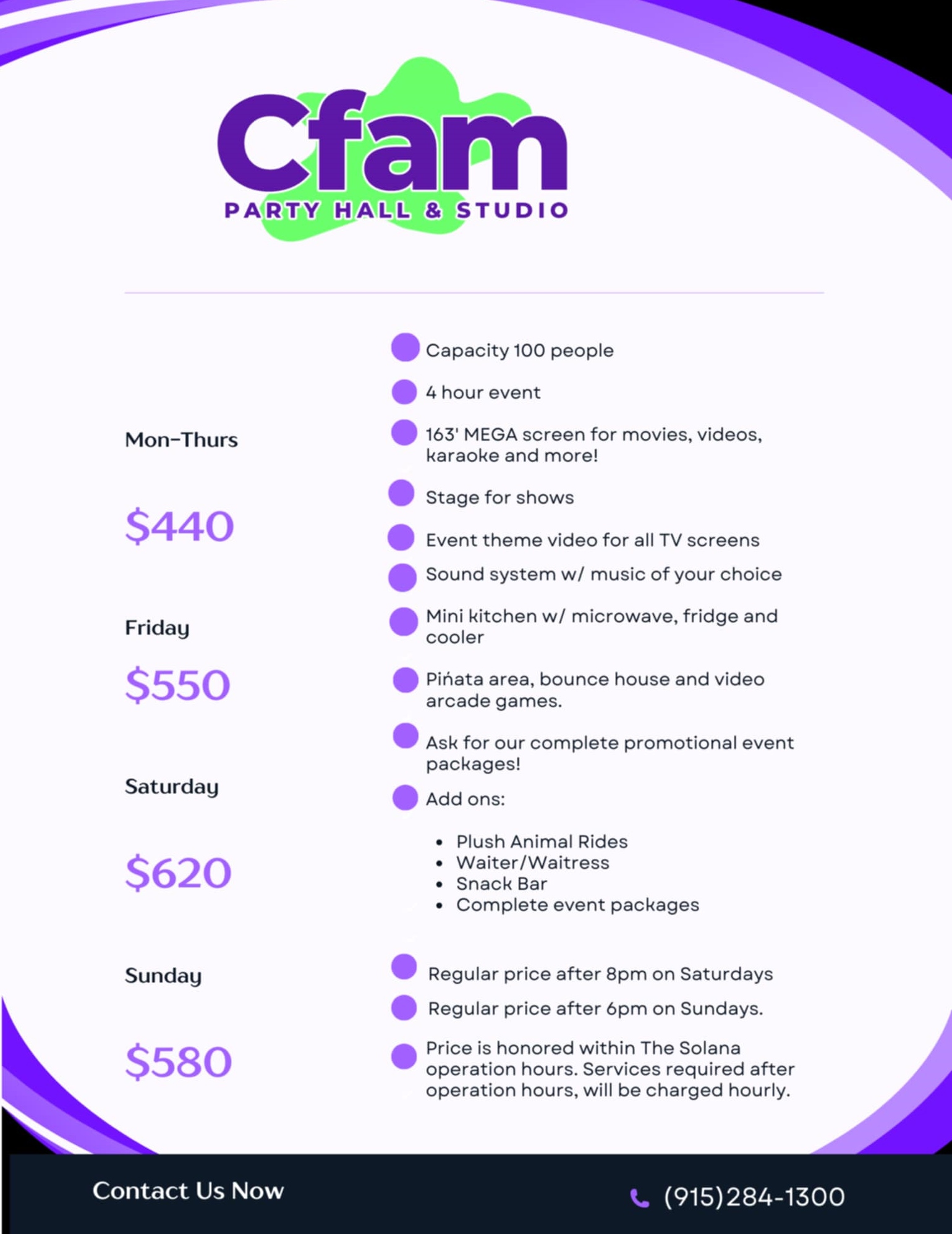 CFam Party Hall Prices